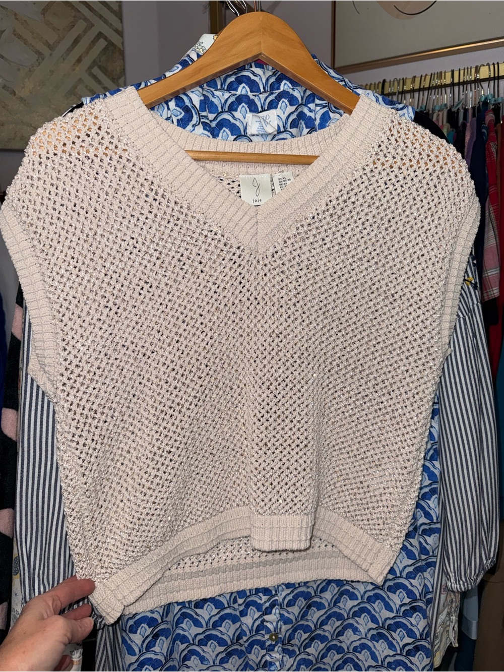 Joie cream/beige Crochet V-Neck Sleeveless Sweater Vest w/ silver & gold accents